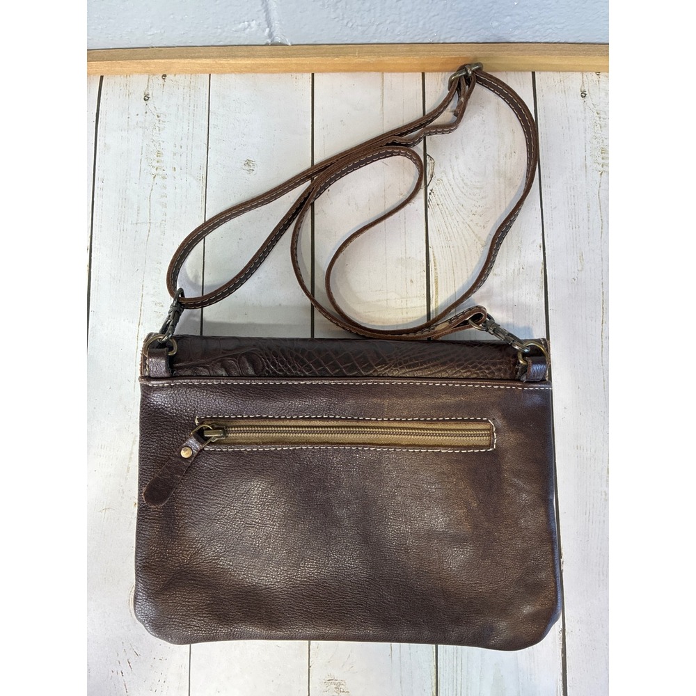 Myra Bag Brown Croco Leather Tooled Floral Crossbody Bag Sunflower Whipstitch - Picture 3 of 9